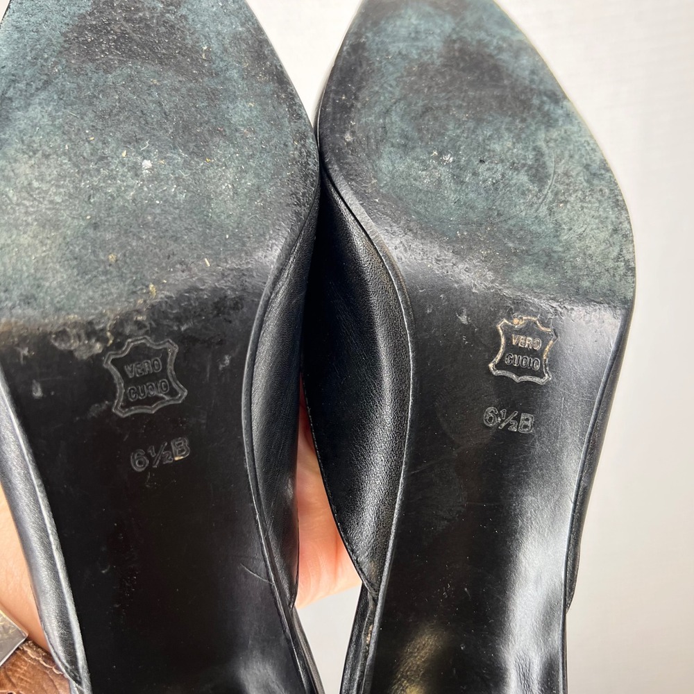 Talbots Leather Vintage Mules Size 6.5 Black Bamboo Detail Heel Square Toe Shoes - Picture 6 of 9